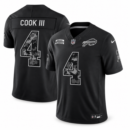 Men’s James Cook III #4 Buffalo Bills 2026 Salute to Service Stitched Limited Jersey – Black