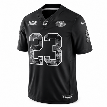 Men’s Christian McCaffrey #23 San Francisco 49ers 2026 Salute to Service Stitched Limited Jersey – Black