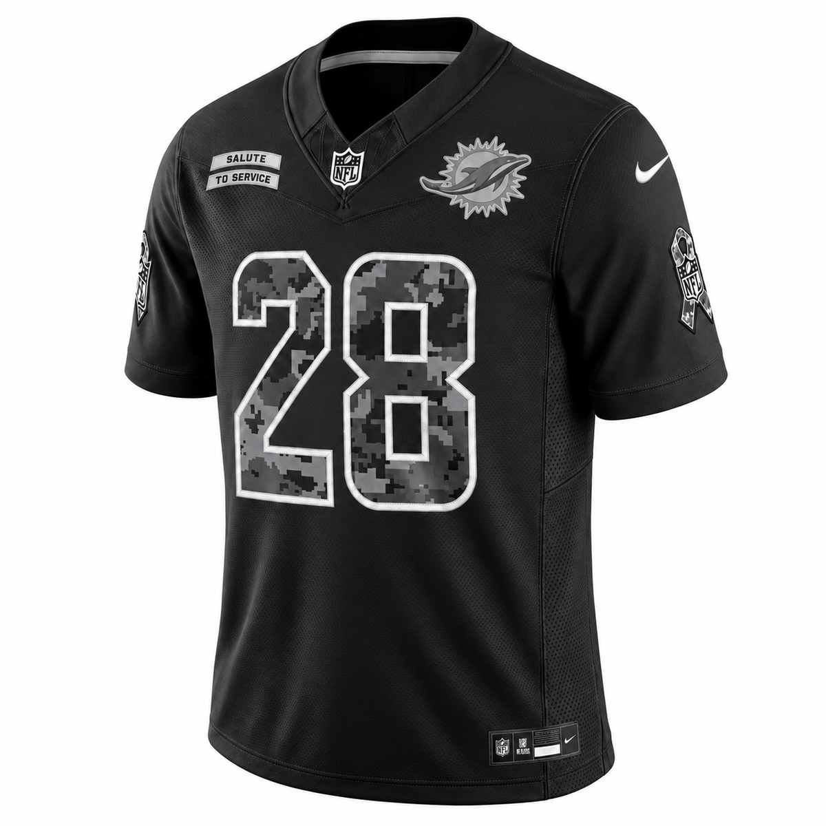 Men’s De’Von Achane #28 Miami Dolphins 2026 Salute to Service Stitched Limited Jersey – Black