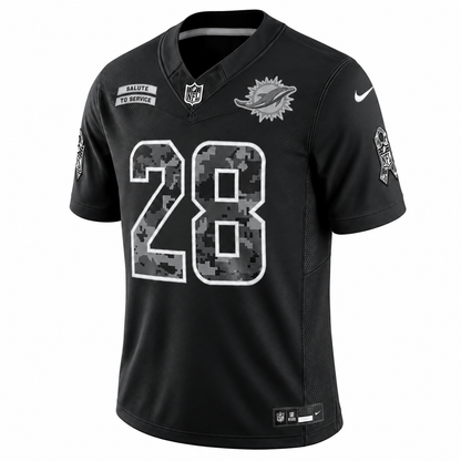 Men’s De’Von Achane #28 Miami Dolphins 2026 Salute to Service Stitched Limited Jersey – Black
