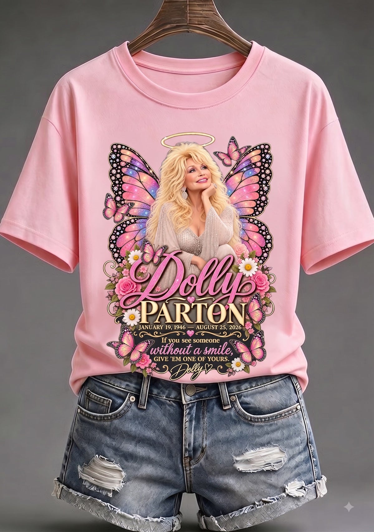 “Butterfly Wings & Golden Light” Dolly Parton Memorial Tee - Pink