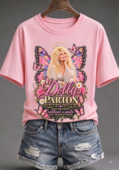 “Butterfly Wings & Golden Light” Dolly Parton Memorial Tee - Pink