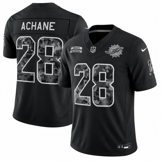 Men’s De’Von Achane #28 Miami Dolphins 2026 Salute to Service Stitched Limited Jersey – Black